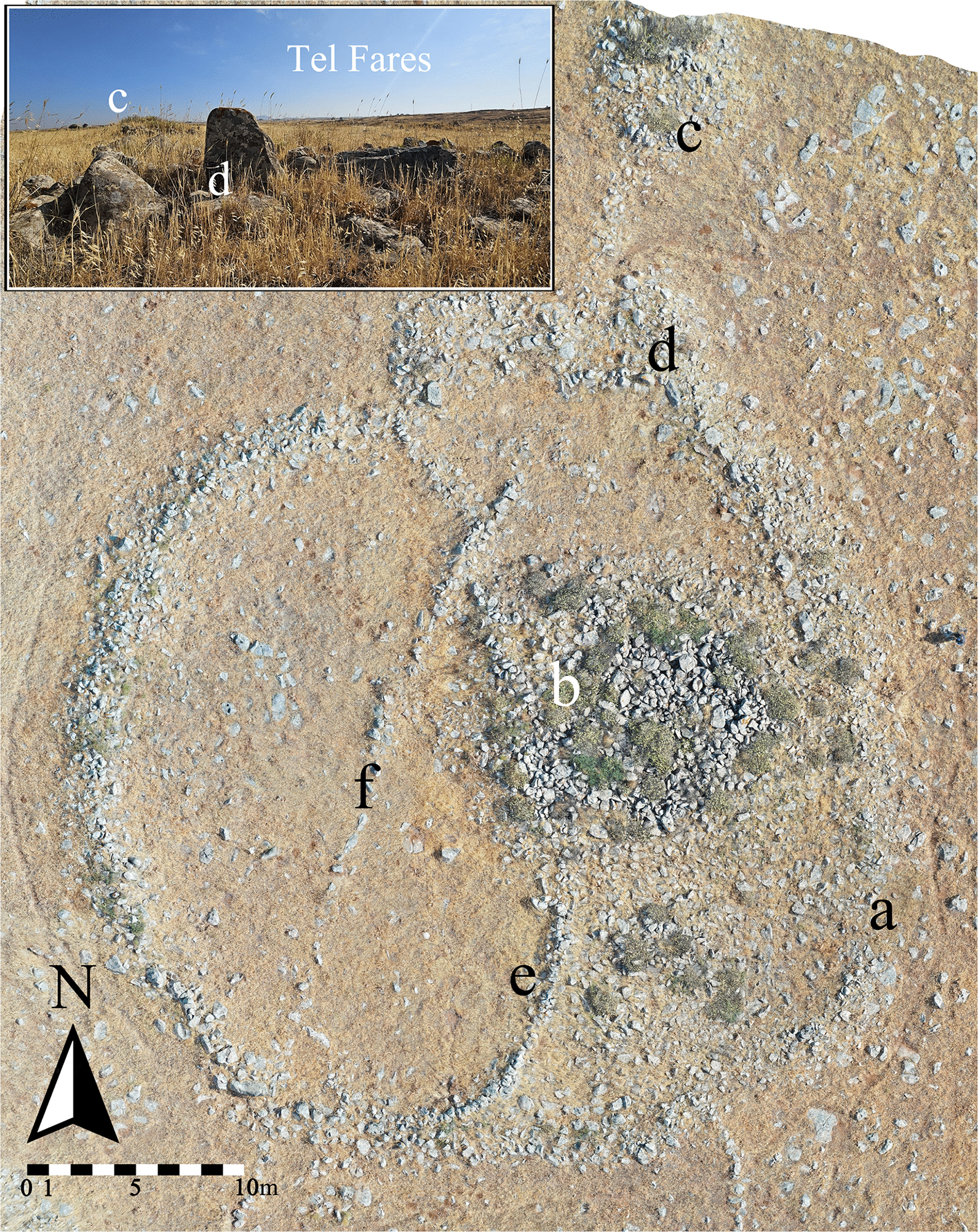 Aerial view of Circle 28 (a), showing location of Tel Fares, as well as the two dolmens (b & c), standing stone (d), and two post-dating walls (e & f).