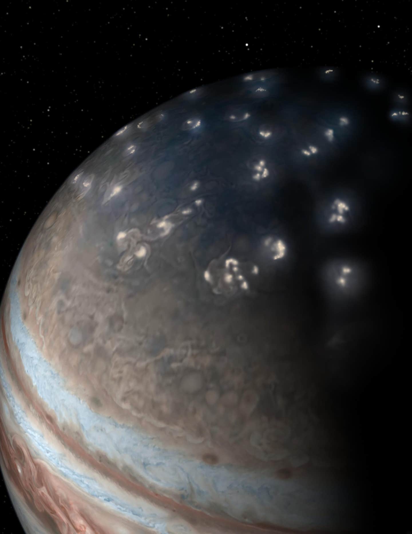 Scientists used NASA's Juno to measure Jupiter lightning power during rare isolated storms. Artist's concept of lightning distribution in Jupiter's northern hemisphere.