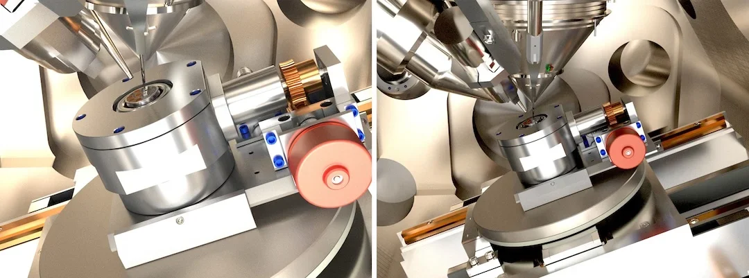 Views of the air-free sample transfer box inside the scanning electron microscope chamber with the lithium dendrite sample successfully transferred.