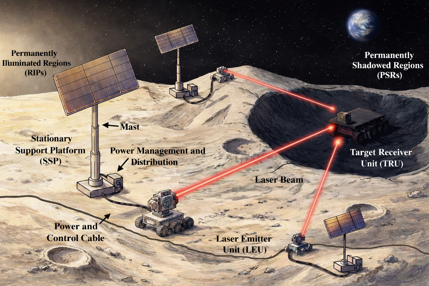 New modeling shows laser power networks could better connect and energize the Moon’s shadowed south pole craters.