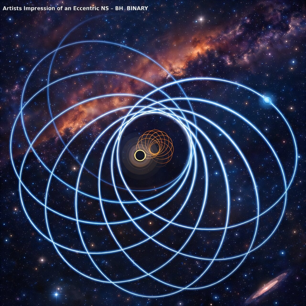 Artist’s impression of an eccentric neutron star–black hole binary. The neutron star’s path is shown in blue and the black hole’s motion in orange as the two objects orbit each other. The eccentricity shown here is exaggerated compared to the real system, GW200105, to make the effect on the orbital motion clearer. 