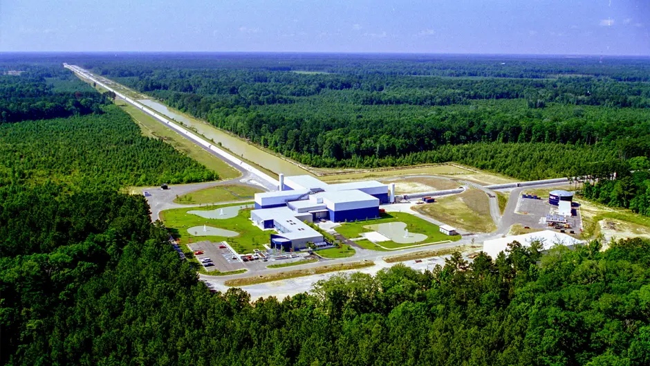 An aerial view of the Laser Interferometer Gravitational-Wave Observatory (LIGO) in Livingston, Louisiana, which last year detected an unusual wave signal from the far reaches of space.