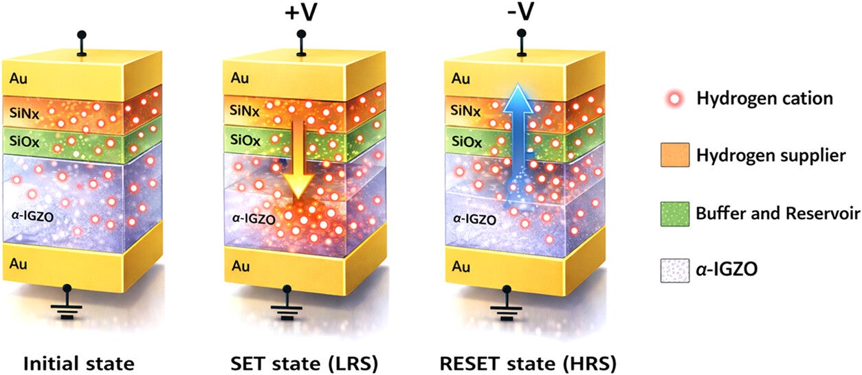 Schematic representation of the voltage-dependent hydrogen drift in an HIC device and the role of each layer.