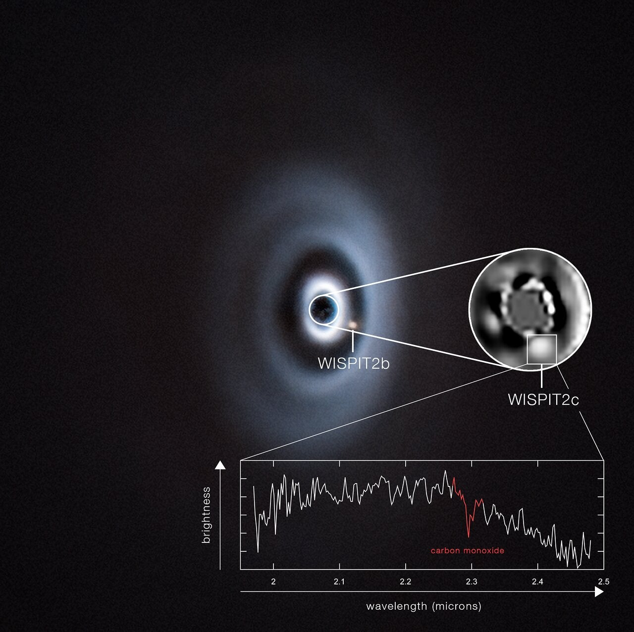 This image shows two planets forming around the young star WISPIT 2. The images at the top were obtained with ESO’s Very Large Telescope (VLT) using the SPHERE instrument, specifically designed to directly image exoplanets. Planet WISPIT 2b was discovered in 2025, with hints of another one, WISPIT 2c, orbiting closer to the star.