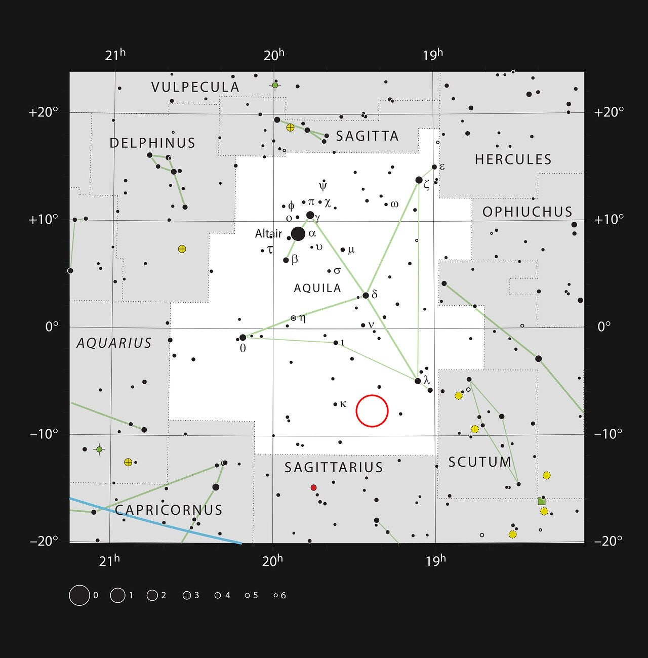 This chart shows the location of the young star WISPIT 2 in the constellation Aquila. This map shows most of the stars visible to the unaided eye under good conditions. The location of the star is marked with a red circle.