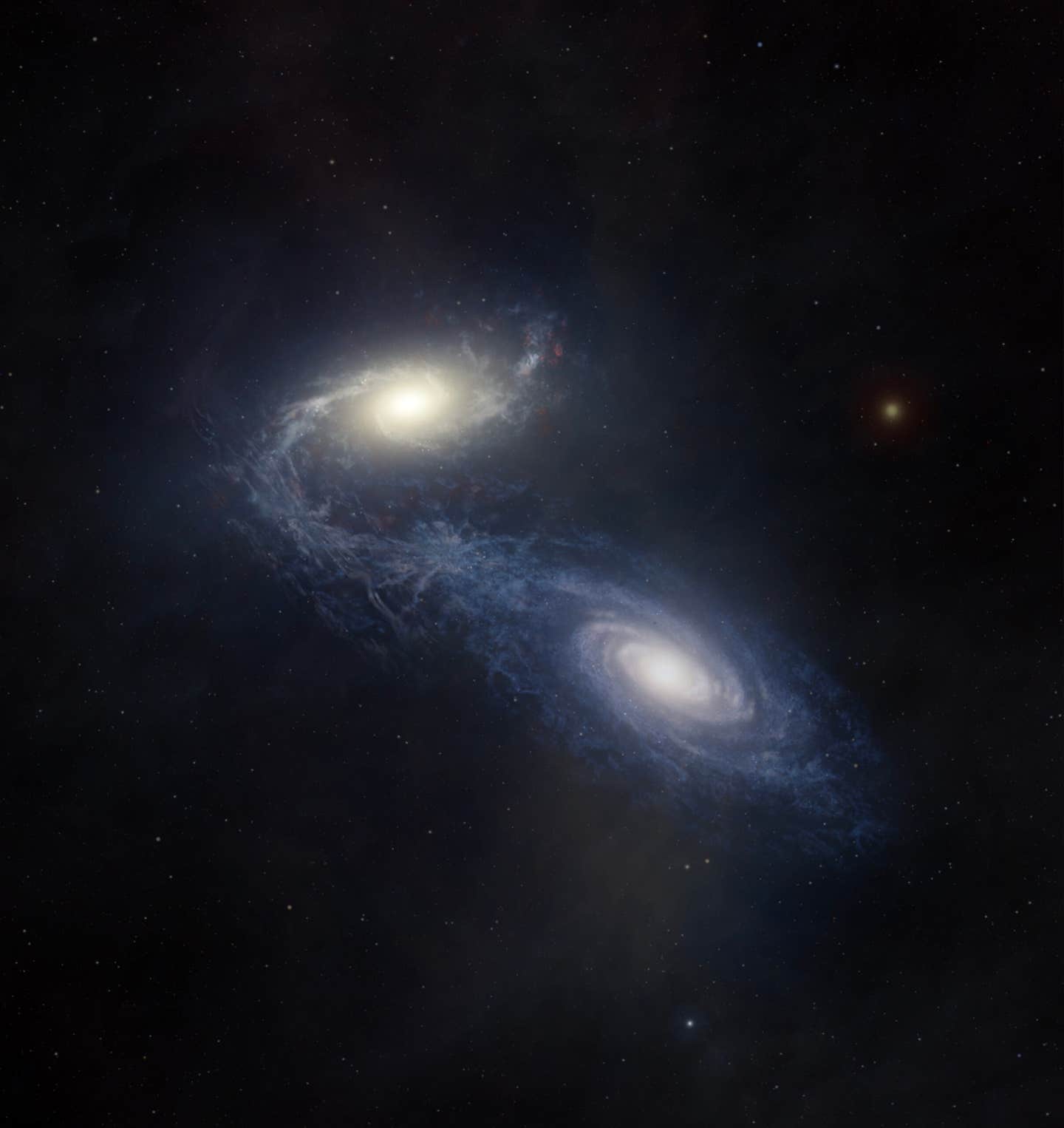 An artist's impression shows the giant spiral galaxy NGC 1365 as it collides and merges with a smaller companion galaxy, stirring up star formation and redistributing gas and heavy elements.