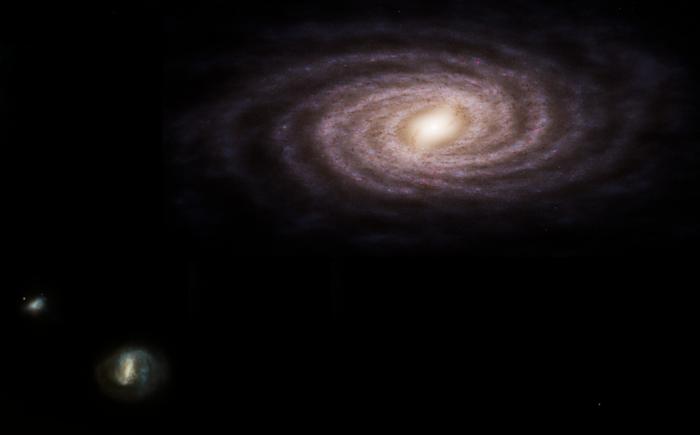 An artist’s impression of the Milky Way, with two of its satellite galaxies – the Large Magellanic Cloud and the Small Magellanic Cloud – in the bottom left.