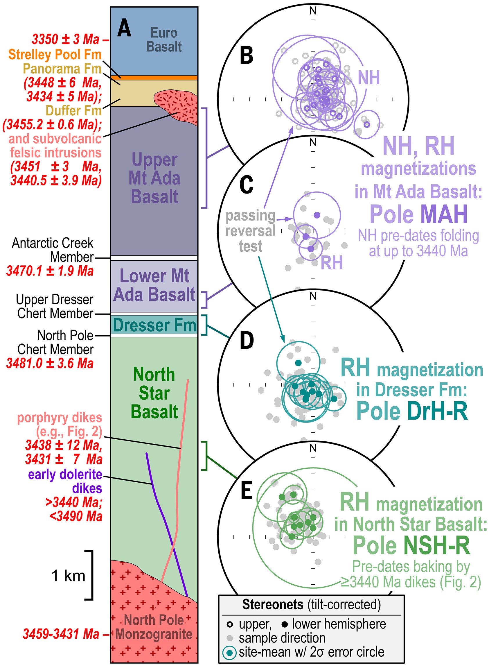Magnetization directions from North Pole Dome, East Pilbara Craton, Western Australia.