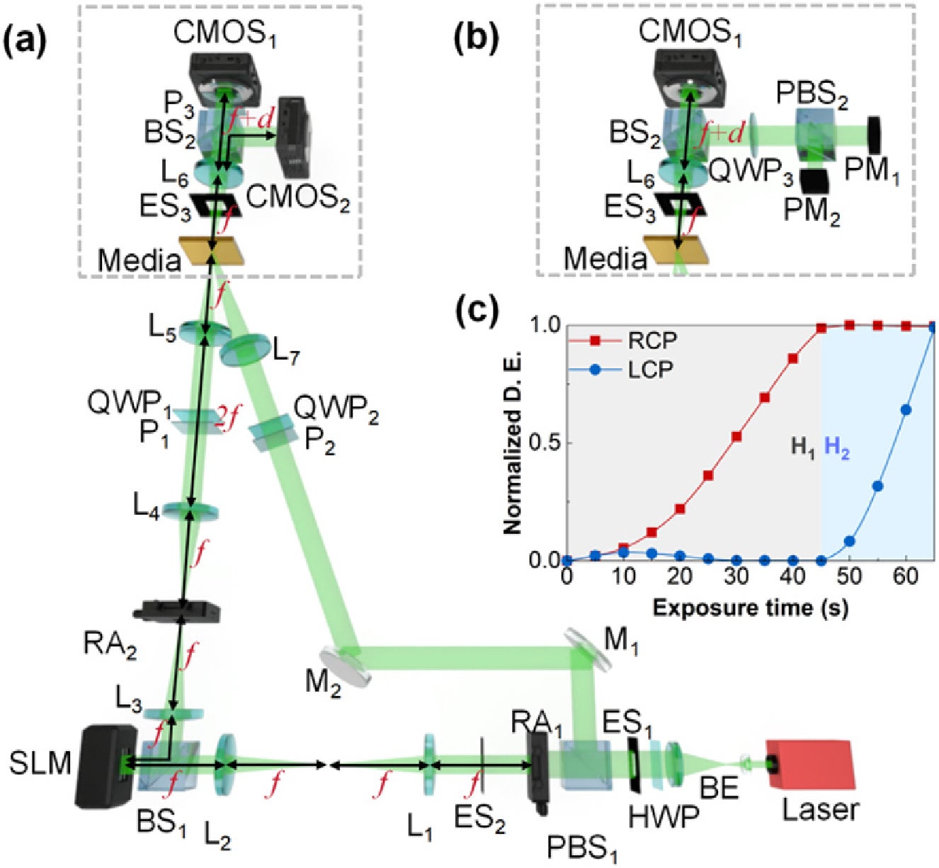 (a) Experimental setup of the multidimensional information storage system. (b) Circular polarization detection device. (c) Variation of normalized diffraction efficiency (D. E.) of H and H with exposure time.