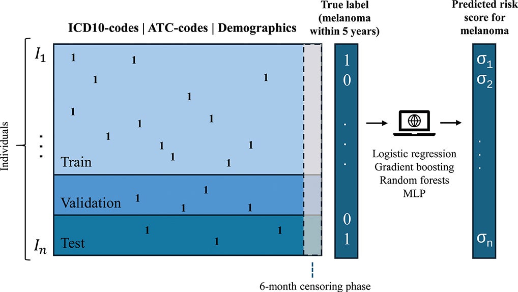 Schematic graph of prediction data and outcome. MLP: Multilayer perceptron (a simple neural network model). Ones (1) represent the occurrence of codes. σi = risk scores (real number in [0, 1]) for melanoma outcome.