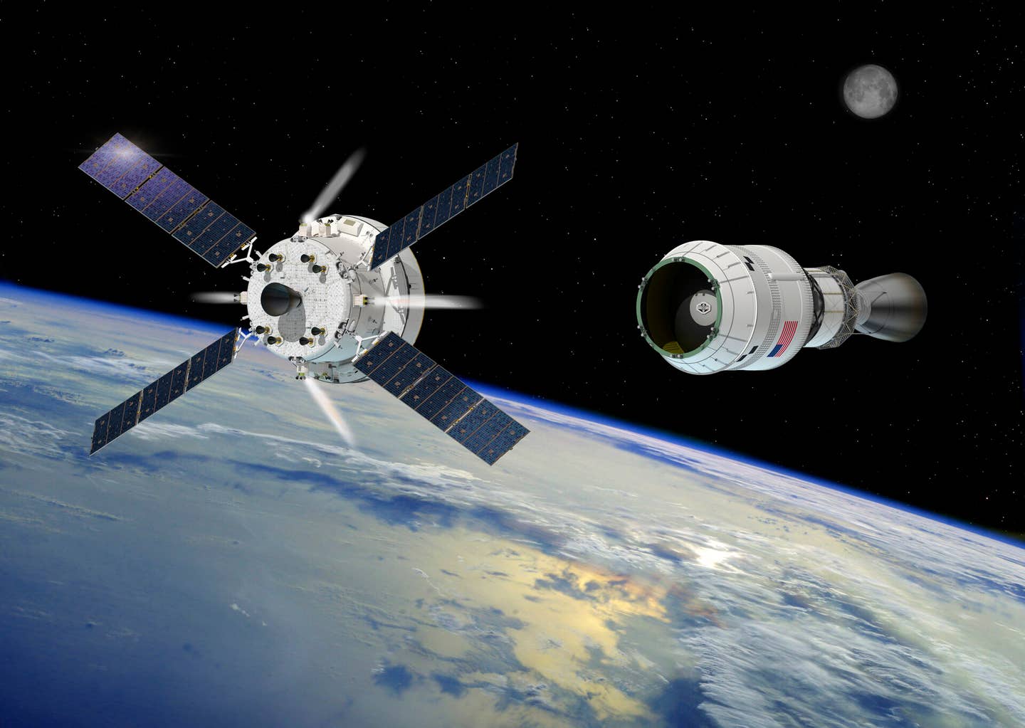 Artist impression of Artemis II: Orion and its European Service Module as they separate from the second stage of NASA's Space Launch System rocket, the Interim Cryogenic Propulsion Stage (ICPS).