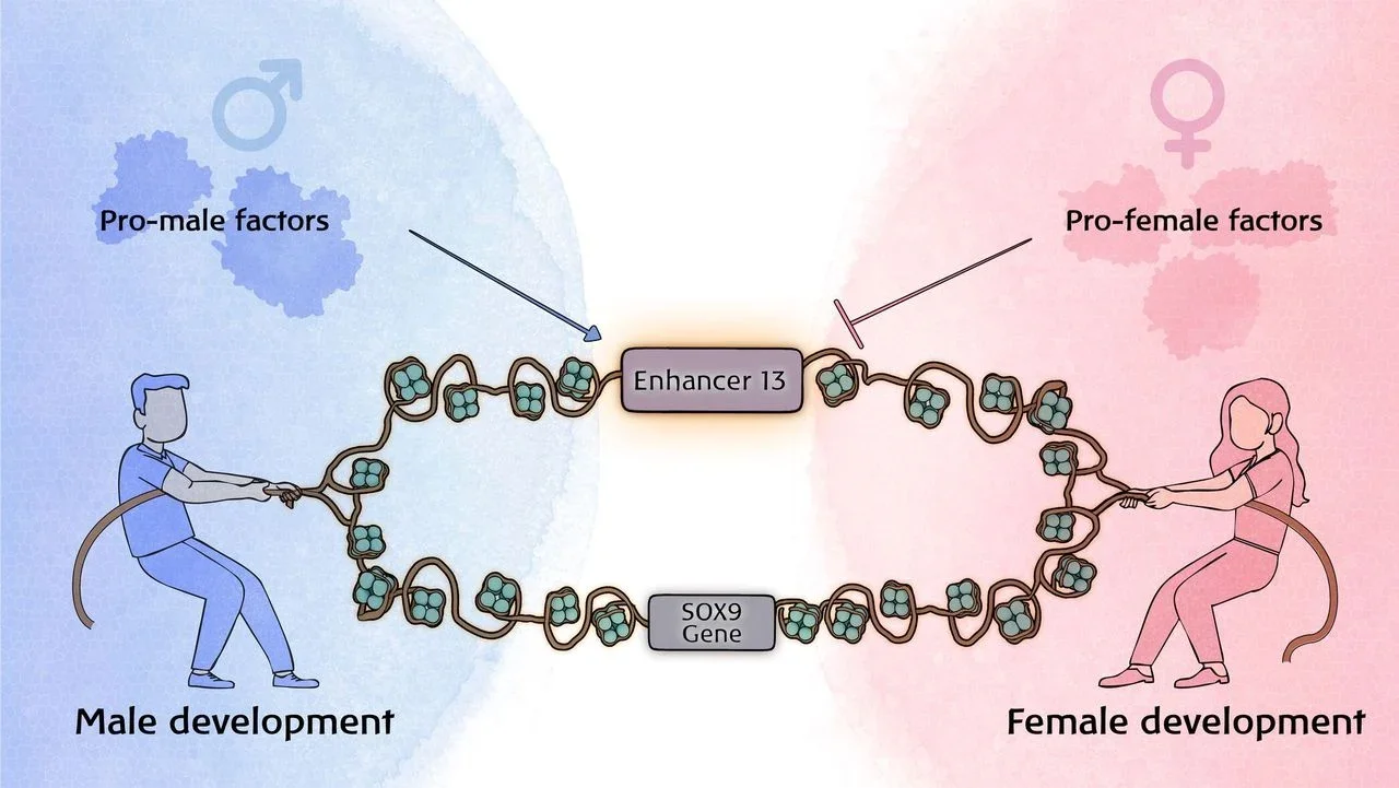 The figure depicts the Enh13 regulatory region alongside the Sox9 gene as a “battle site” between the sexes. Pro-female factors act to repress Sox9 via binding to Enh13, while pro-male factors activate it. The balance between these opposing forces ultimately determines whether male or female development occurs.
