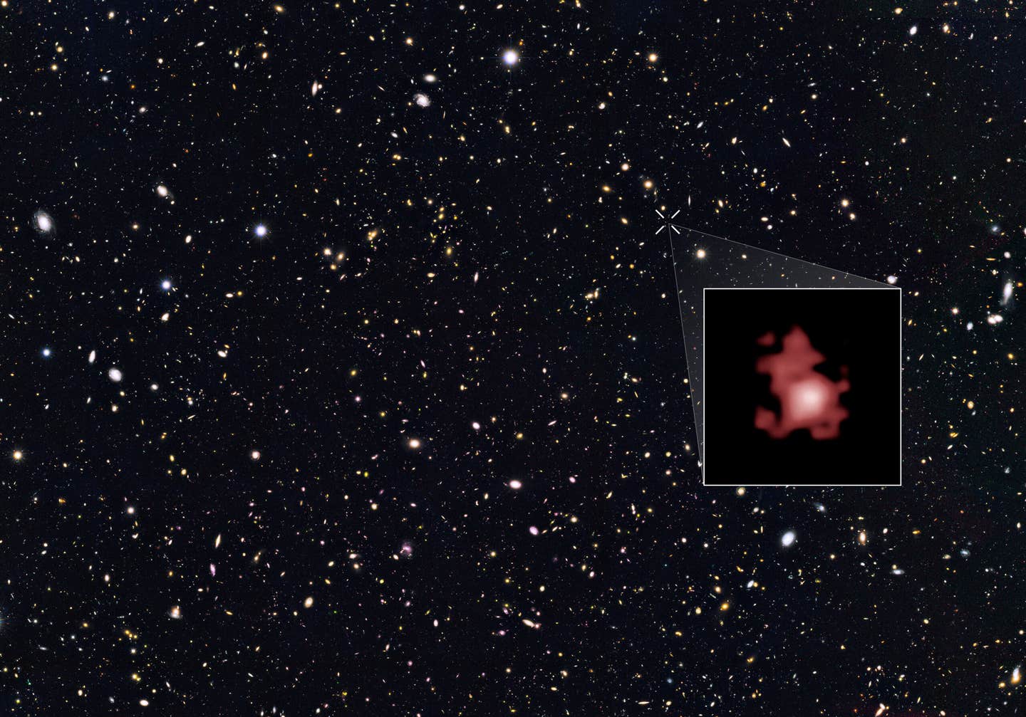 Galaxy GN-z11, shown in the inset, is seen as it was 13.4 billion years in the past, just 400 million years after the big bang, when the universe was only three percent of its current age.