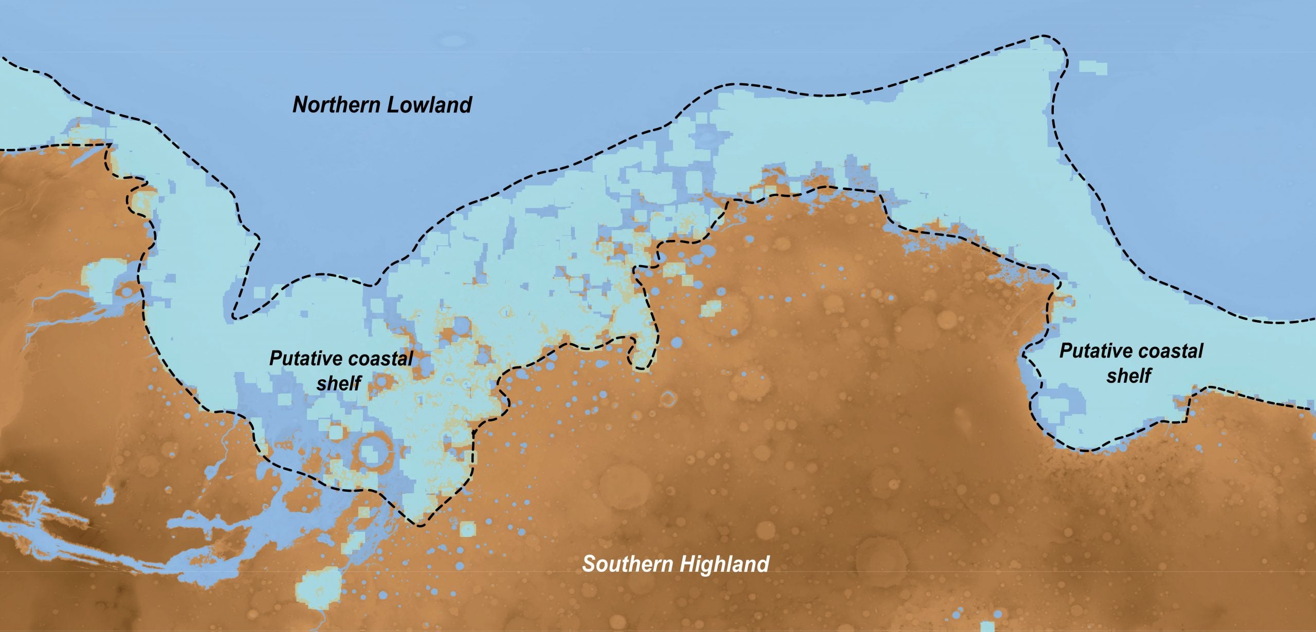 Simulation of the continental shelf (denoted in light purple) on Earth, offshore from the Amazon river. This feature of the oceans is more robust over geological time than other signatures, such as shorelines. 