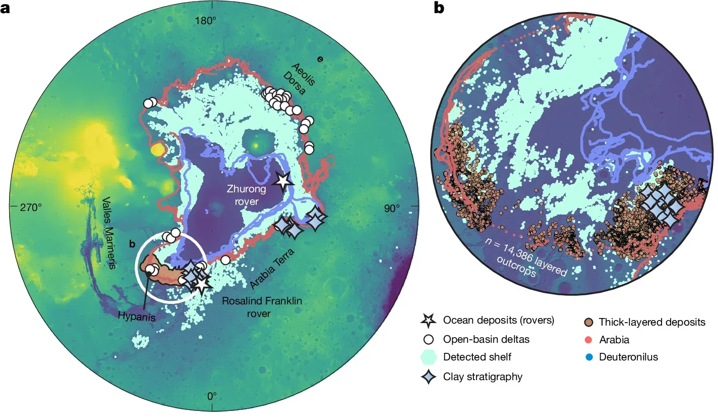 Sedimentologic and mineralogic evidence for sedimentary rocks, clay stratigraphy and open-basin deltas along and within the detected shelf.