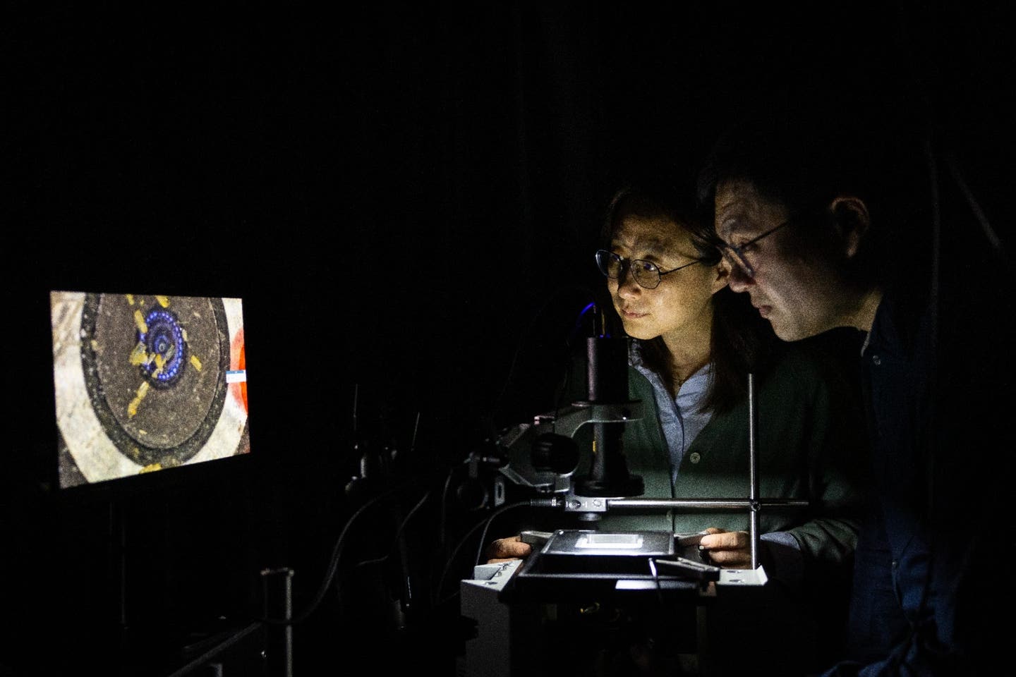 Wanyi Nie, associate professor of physics, and Dave Tsai, assistant professor of chemical and biological engineering, use a home-built optical microscope to probe the chiral properties of chiral perovskite crystals.