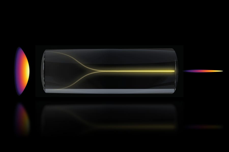 Under the right conditions, a chaotic mess of laser light can spontaneously self-organize into a highly focused “pencil beam.” This schematic shows the pencil beam formation mechanism.