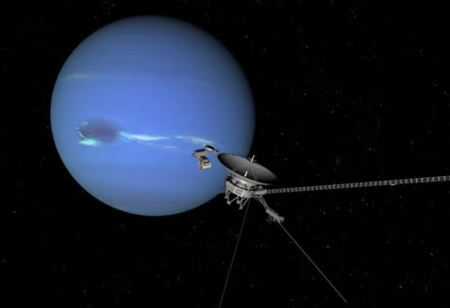 Rendering of Voyager 2 approaching Neptune.