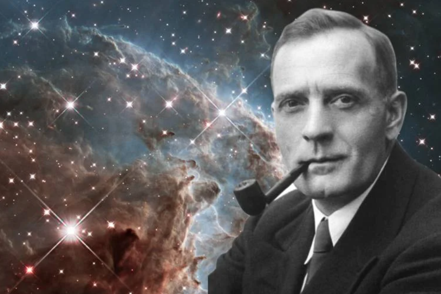 Studio Portrait of Edwin Powell Hubble, with image from the Hubble Space Telescope as background