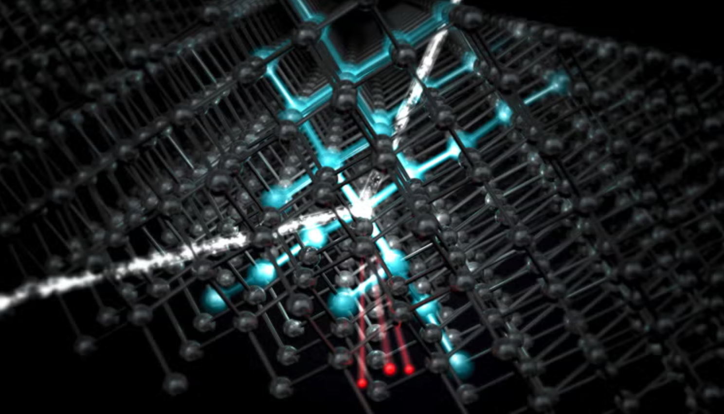 A visualization of a dark matter particle (white trace) striking an atom inside the SuperCDMS detector’s crystal lattice (gray).