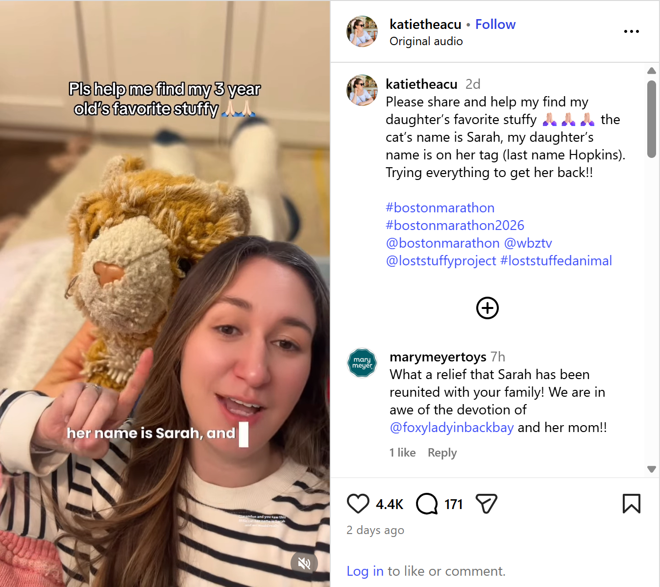 “My three-year-old lost her favorite stuffy at the Boston Marathon today". 