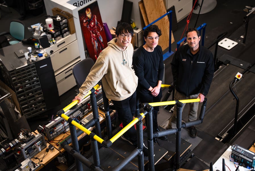 MIT researchers (from left to right) Hyungeun Song, Guillermo Herrera-Arcos, and Hugh Herr have developed the first “living” implant that uses rewired sensory nerves to revive paralyzed organs.