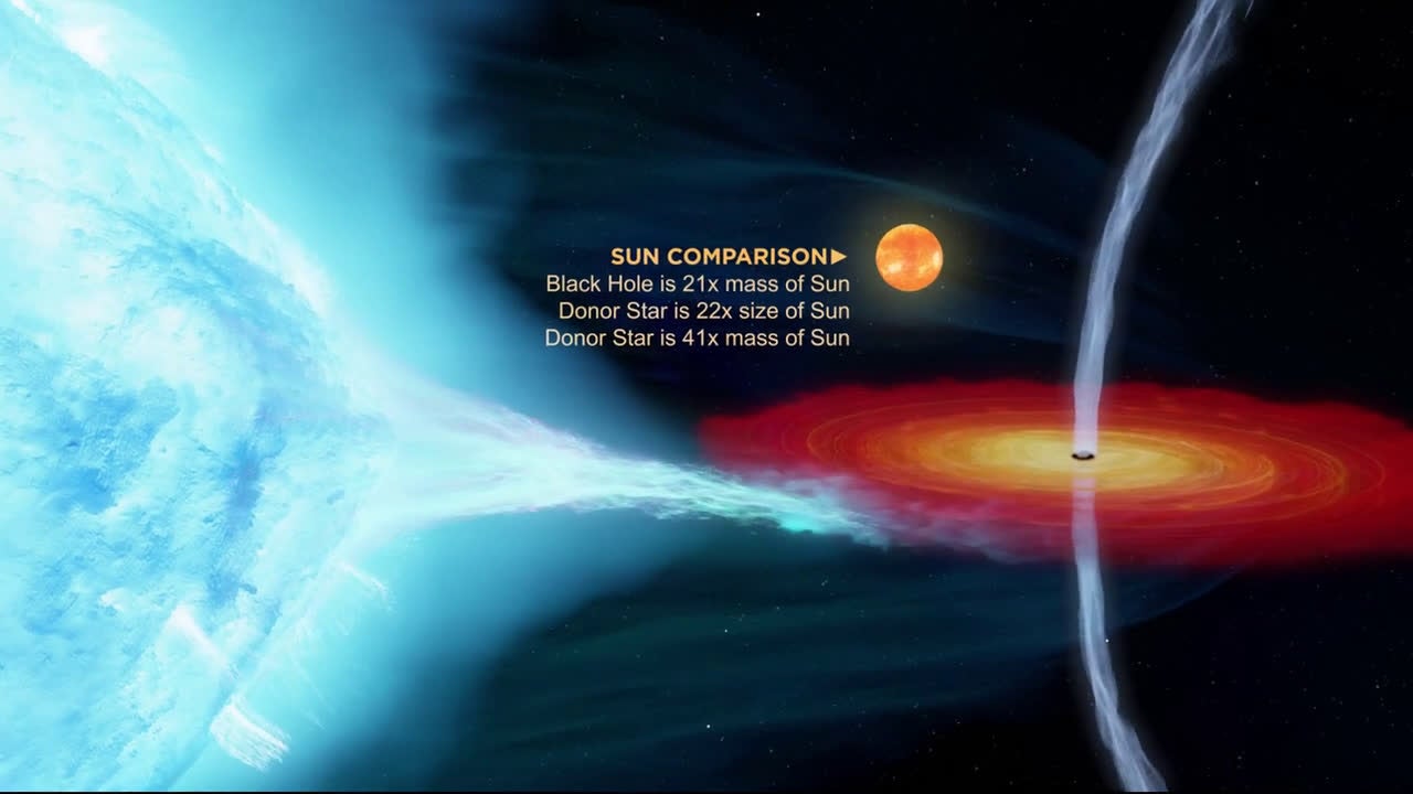 Artist’s impression of the Cygnus X-1 binary system, showing how the wind of the supergiant star bends the black hole's jets away from the star as the objects move in their orbit around one another. 
