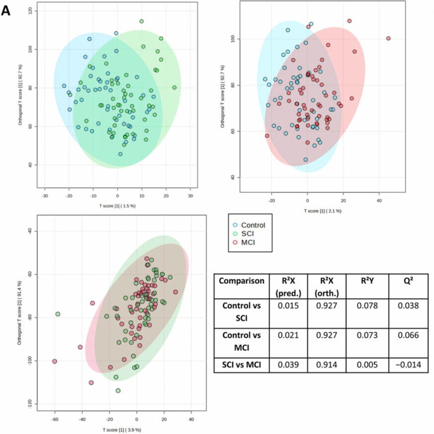 Metabolic shift occurs in early cognitive decline. (A) Orthogonal partial least squares discriminant analysis (OPLS-DA) plots of pairwise metabolomic profiles between control, SCI and MCI and model statistics