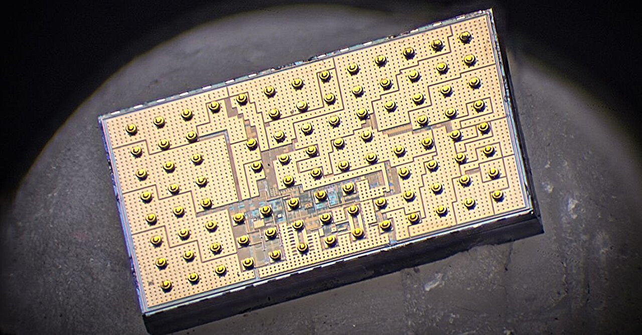 A chip designed to convert high voltages into lower levels in electronics — a process known as DC-DC step-down conversion — more efficiently using a piezoelectric resonator.  