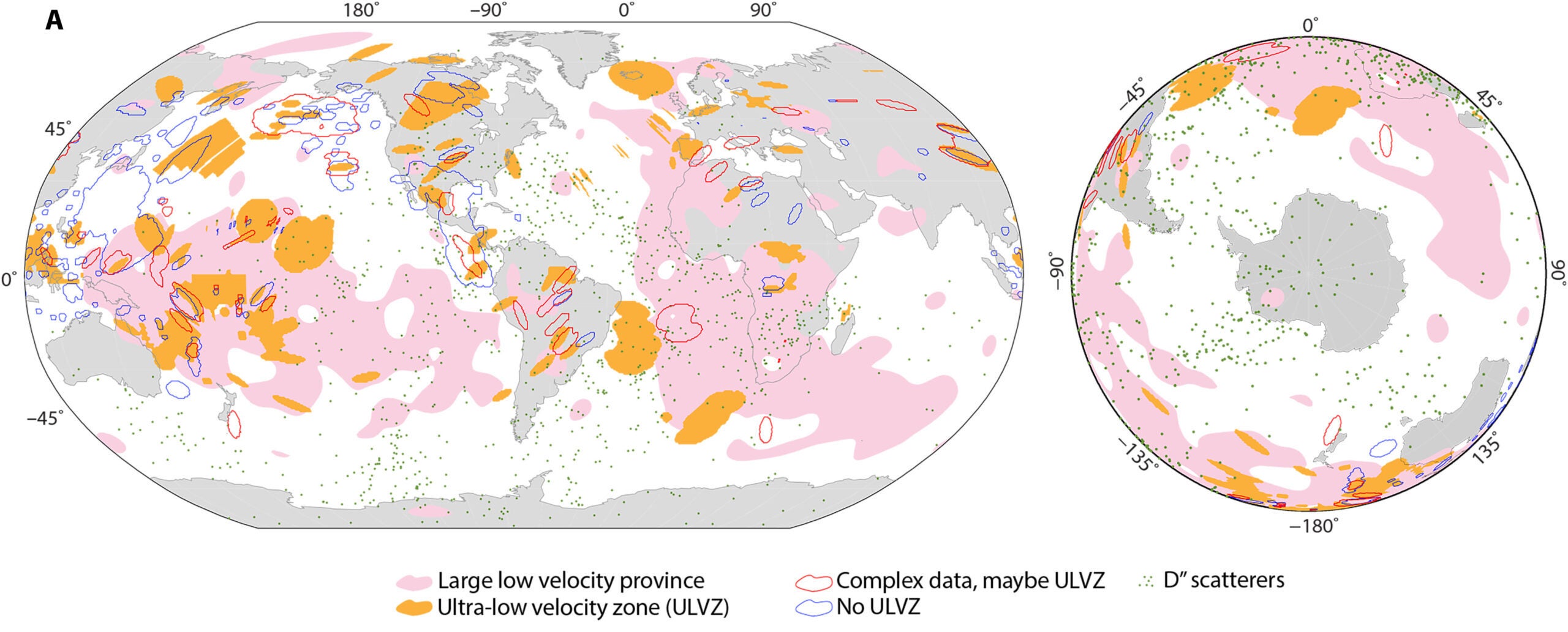 Maps showing the locations along the CMB of prior ULVZ and seismic wave scattering investigations (1, 6) in both global view (left) and in the Southern Hemisphere (right).