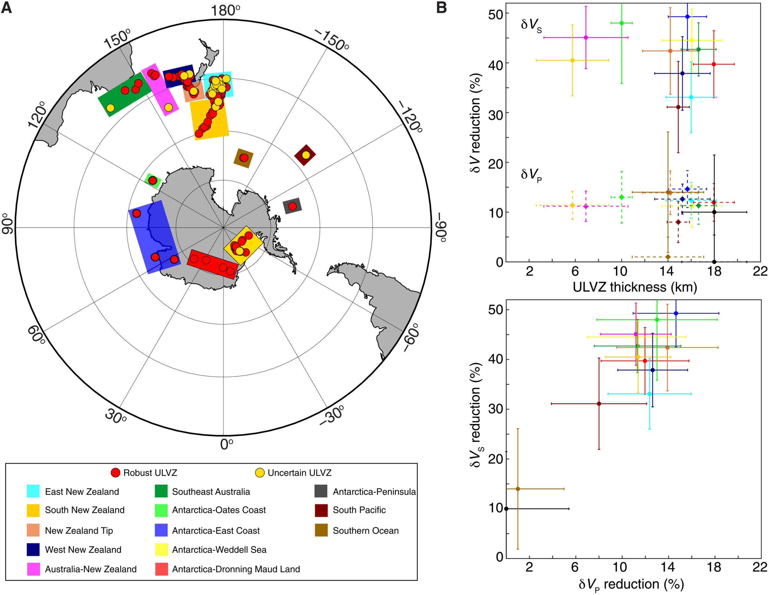 ULVZ results beneath the Southern Hemisphere.