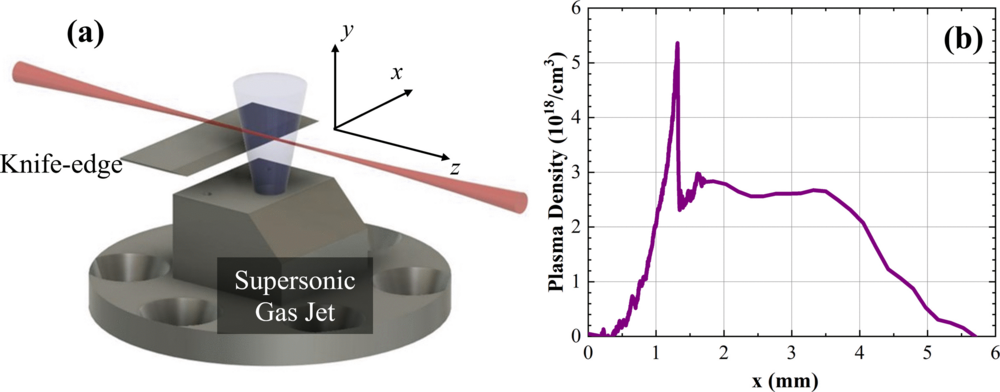 (a) Sketch of shock injection target setup. (b) Plasma-density distribution along laser axis, measured with a Mach-Zehnder interferometer.