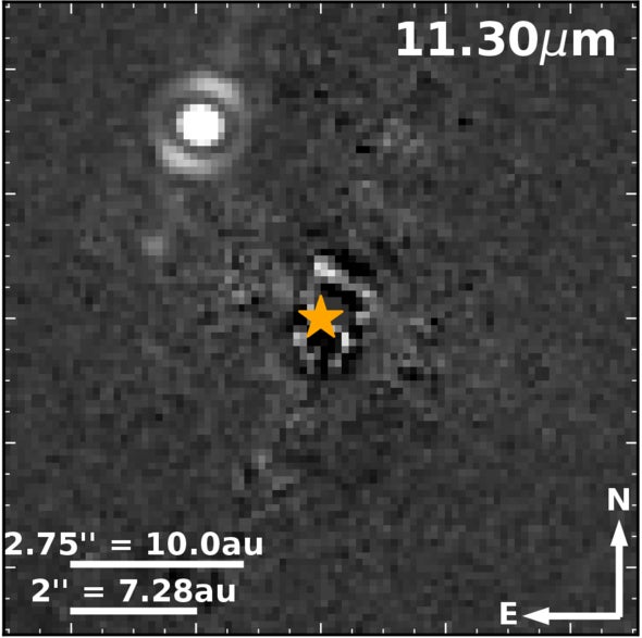 Coronagraphic images of Eps Ind A, collected with the F1140C filter of JWST/MIRI. The planet is detected as a bright point source in upper left of this image.