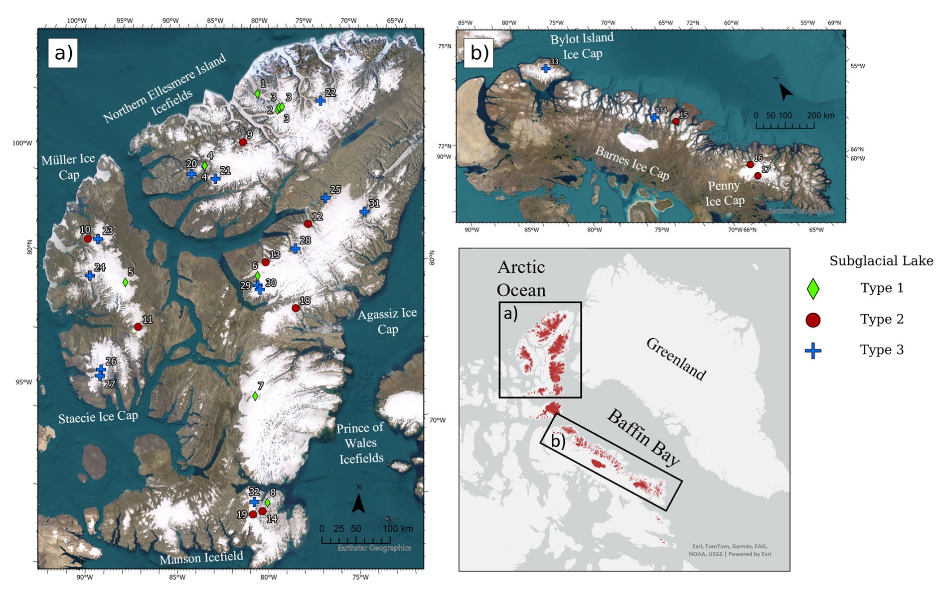 The geographical locations of the active subglacial lakes in the Canadian Arctic. (a) Lakes in Ellesmere and Axel Heiberg Islands (within the RGI region ACN); (b) Lakes in Baffin Island (within the RGI region ACS).