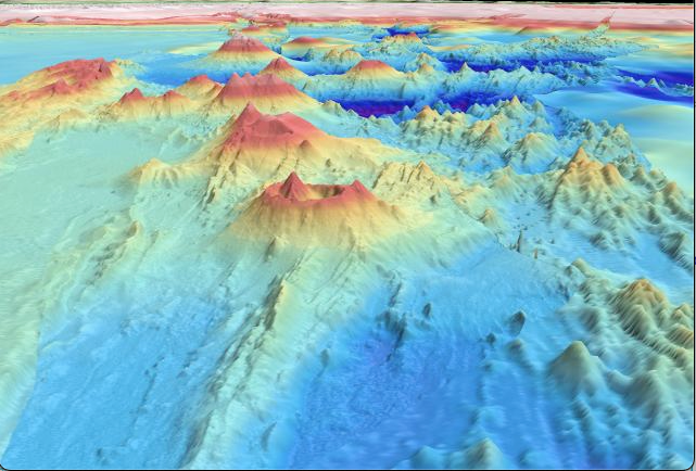 A three-dimensional map of the Kermadec Arc in the Pacific Ocean, where the Pacific Plate is subducting beneath the Australian Plate. Researchers have analysed glass samples from this subduction zone in order to determine the behaviour of gold and other precious metals as the Earth’s mantle melts.
