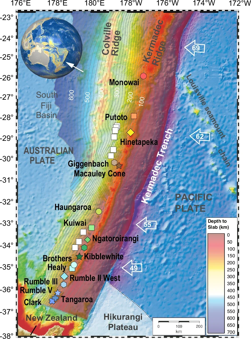 Slab surface model is from the United States Geological Survey, derived from relocated seismic events and from ocean bottom seismometer wide-angle refraction seismic data. Inset shows a globe with the location of the Kermadec arc.