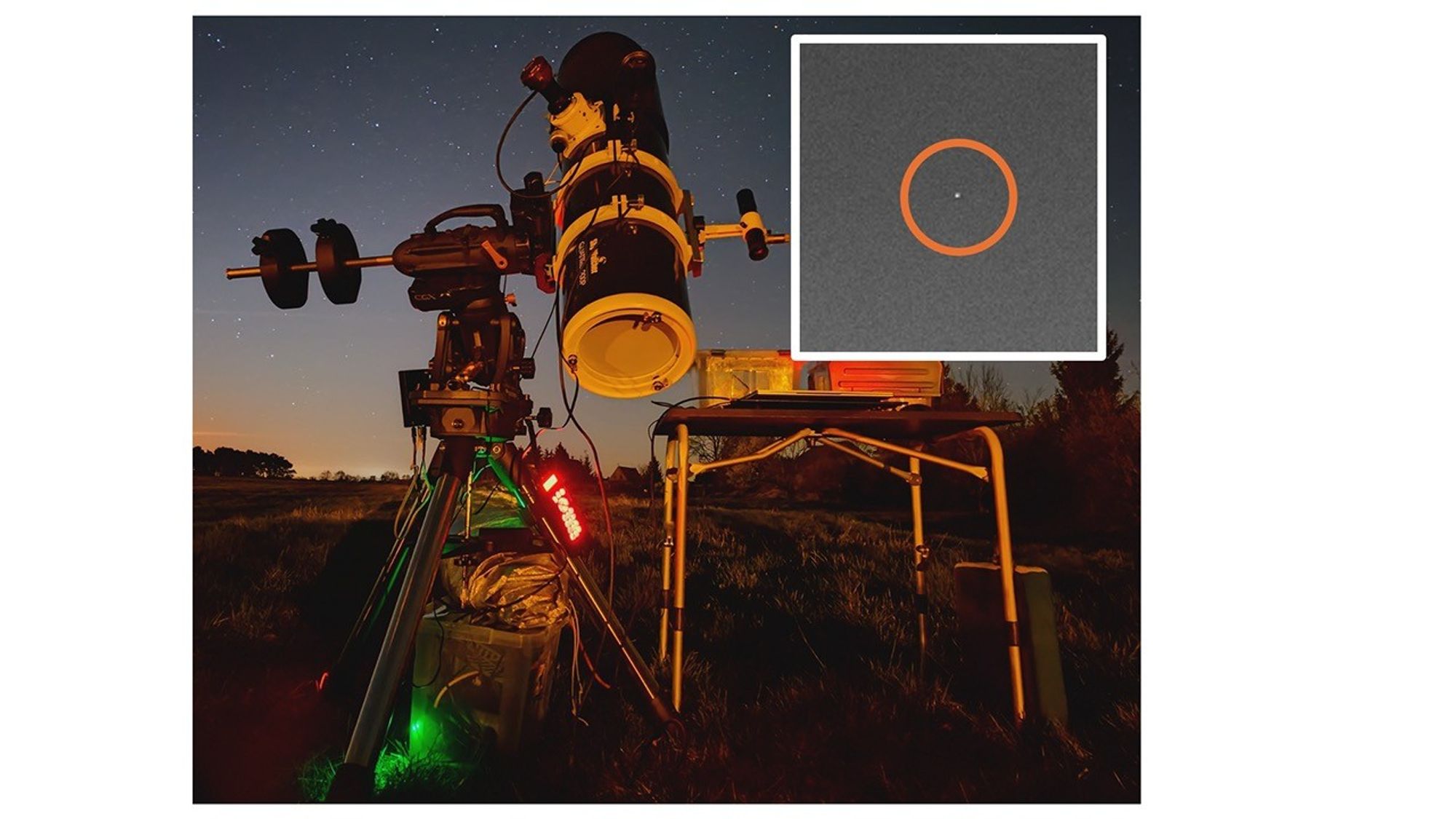 Impact Flash volunteer Joerg Tomczak sent in this image of the Moon he took during NASA’s Artemis II mission, as well as a photo of his telescope. The bright dot in the orange circle shows an impact flash candidate.