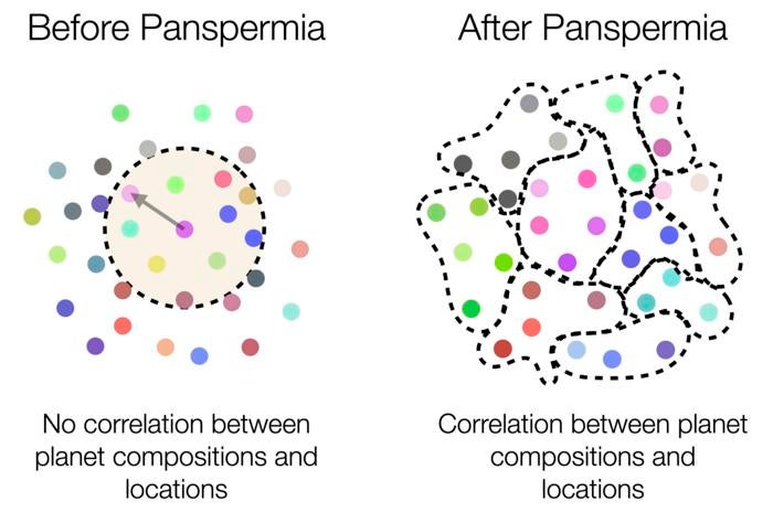 Target planet selection and terraforming. (a) The objective function, used for determining the destination of life from a terraformed “parent” planet. Candidate destinations are first constrained by a maximum positional distance threshold; among these candidates, the planet closest in composition to the parent planet is chosen as the target. (b) Simulations are initialized with one origin of life, causing the initial distribution of planet compositions (seen in panel (a)) to become correlated.