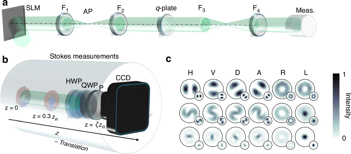 Schematic of the experimental setup depicting (a) the generation and (b) detection components. (c) Experimentally recorded polarization intensities for H, V, D, A, R and L for 3 separate propagation planes (inserts denote corresponding theoretical intensity profiles). ζ = 0, 0.5 and the farfield.