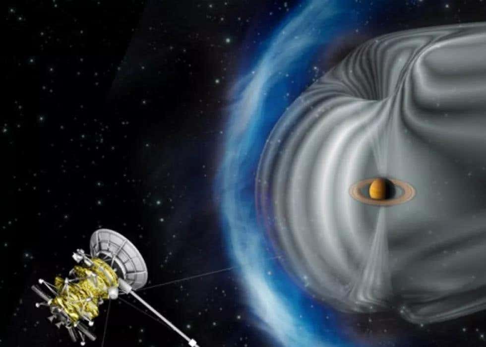Artist's impression shows Cassini exploring the magnetic environment of Saturn.
