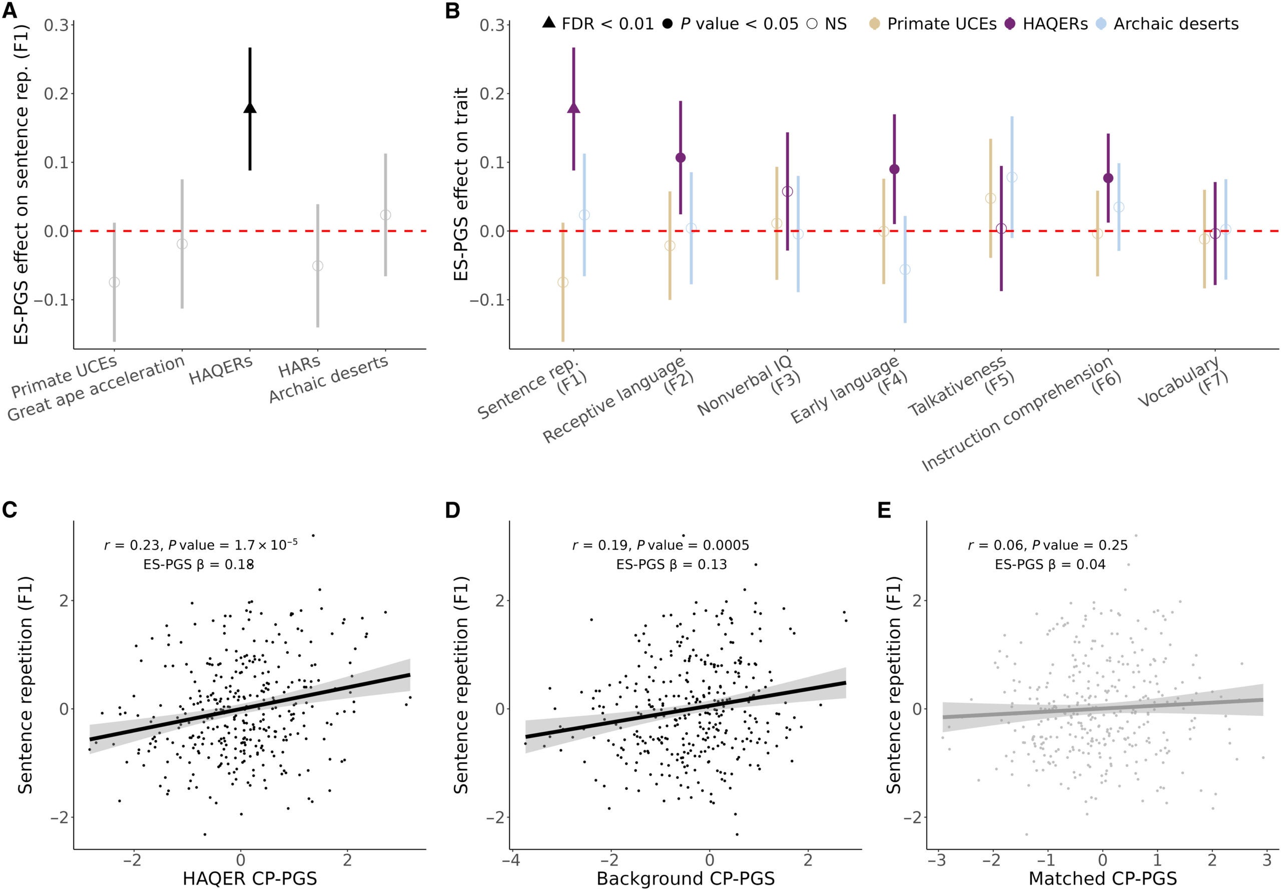 HAQERs are associated with language ability. Comparison of evolutionary events effect on sentence repetition ability in EpiSLI (N = 350).