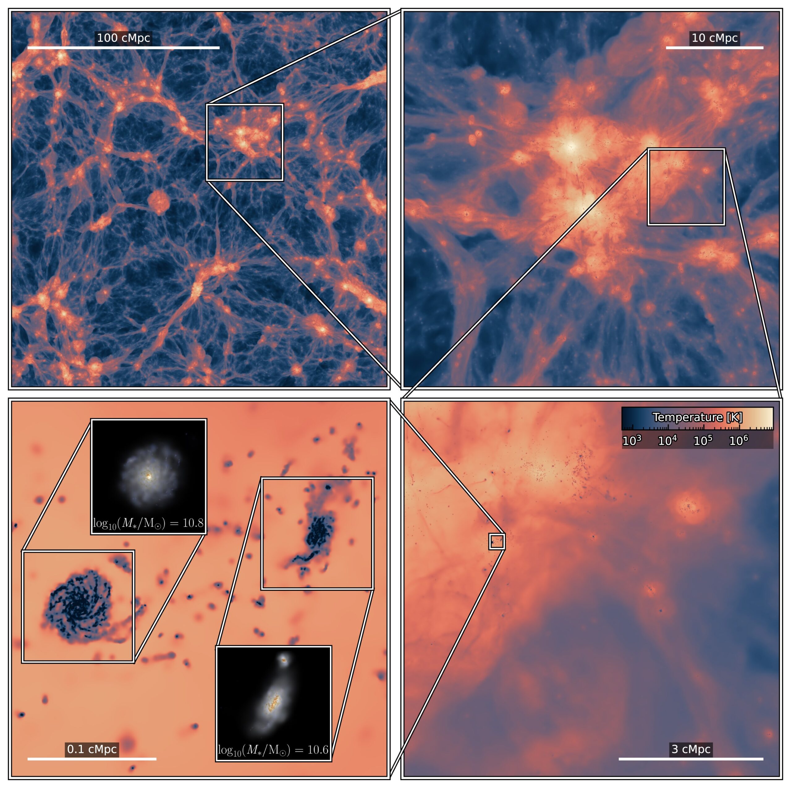 Visual impression of the dynamic range in the COLIBRE simulation L200m6 at z=0.1⁠.