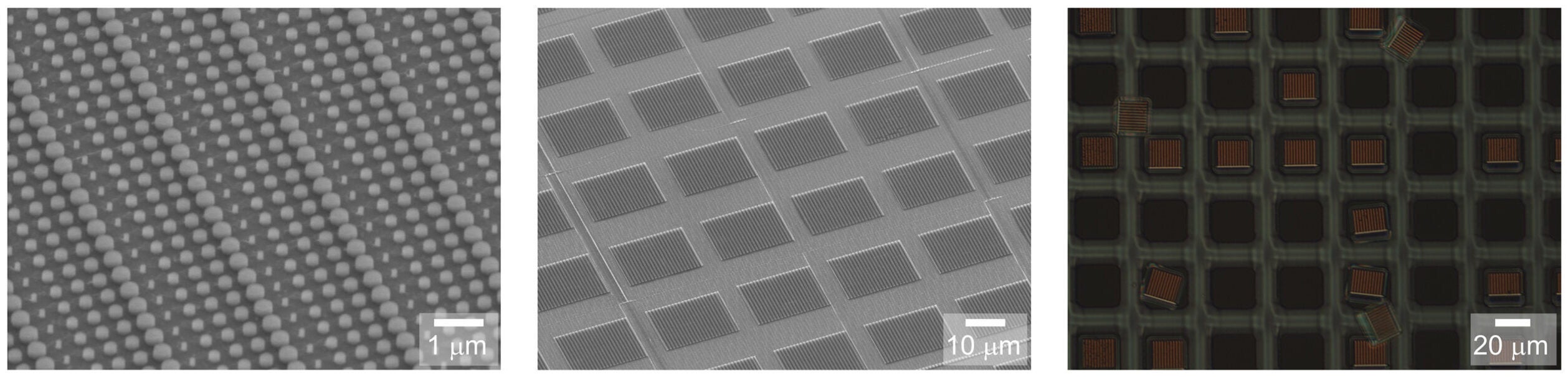 Scanning electron microscope (SEM) images elucidate the structure of silicon pillars (left), anchored metajets (middle) on a silicon dioxide (SiO2) substrate, and free-standing metajets (right) after removing the sacrificial layer.