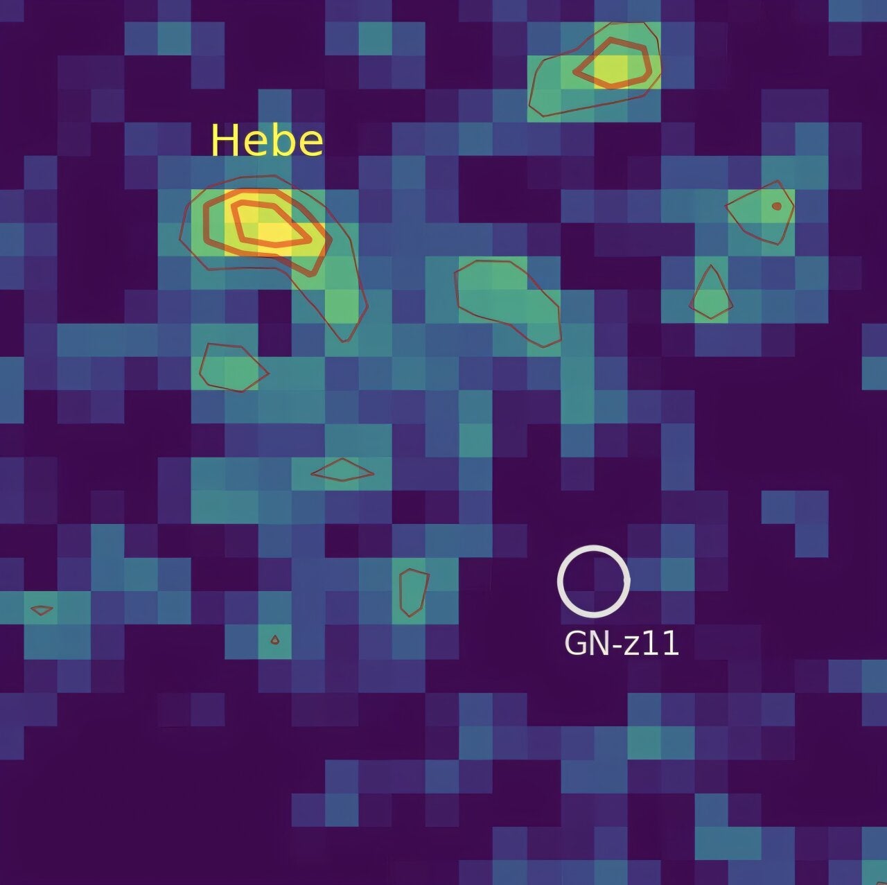 Continuum-subtracted map of the HeII emission at the redshift of Hebe in the halo of GN-z11 (see text). Contours indicate the 3 σ (thin), 4σ and 5σ (thick) levels. The white circle indicates the location of GN-z11. 
