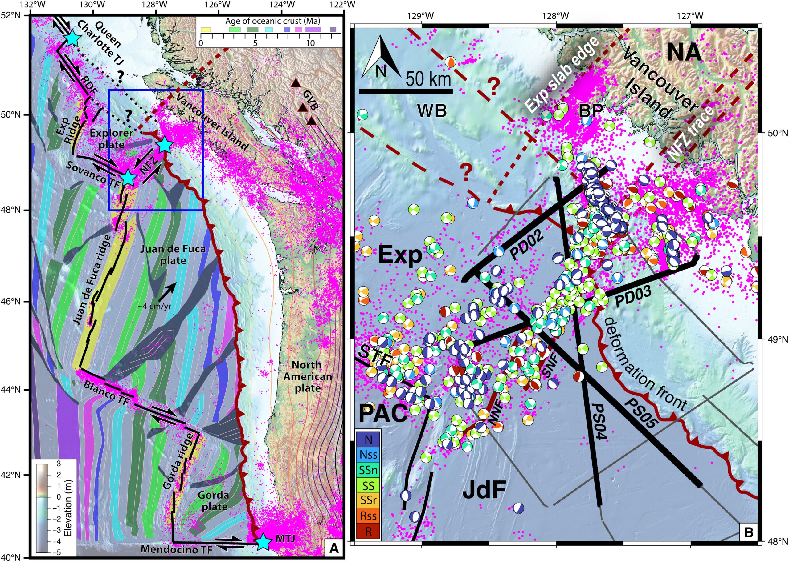 Tectonic structure of the Cascadia margin and subducting oceanic plates. Thick black lines show primary tectonic boundaries and triple junctions are marked with cyan stars. 