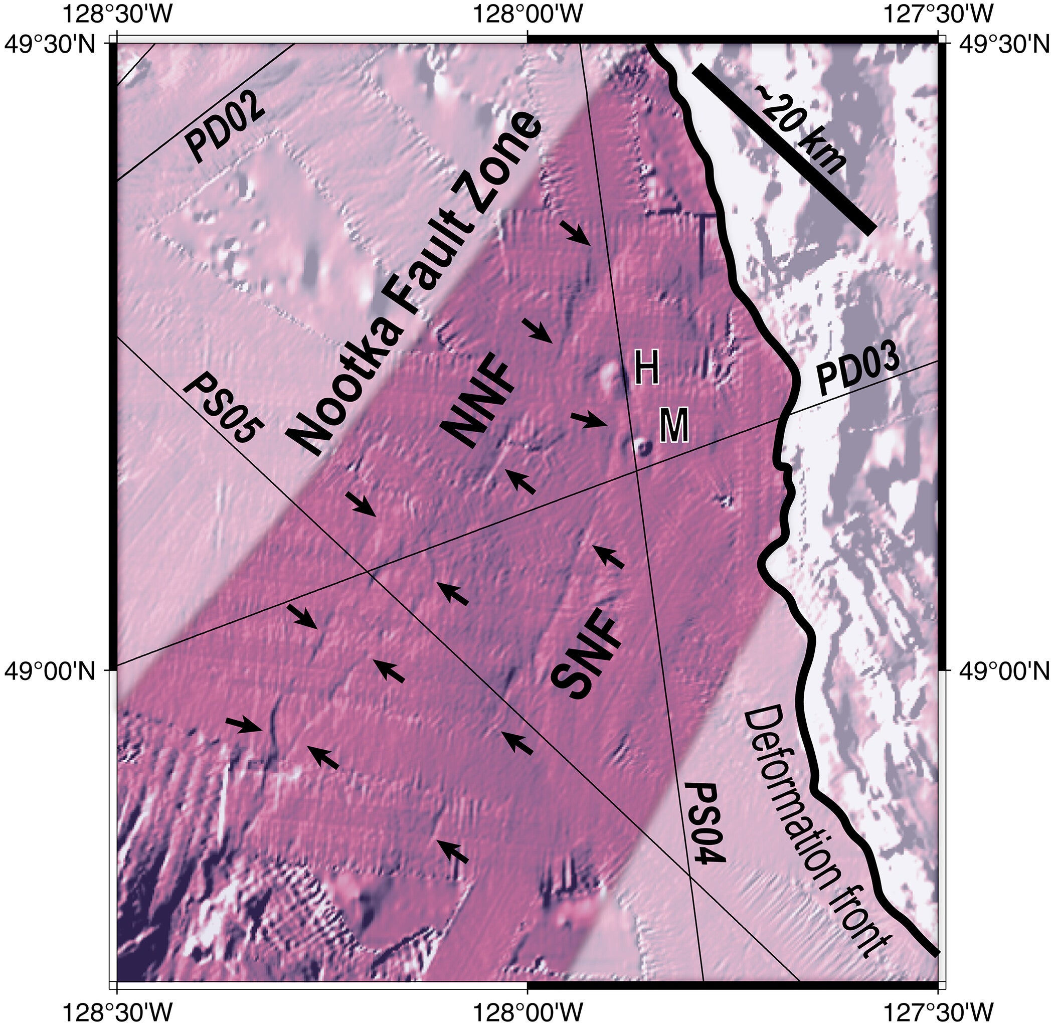 Seafloor expression of the NFZ in northern Cascadia.
