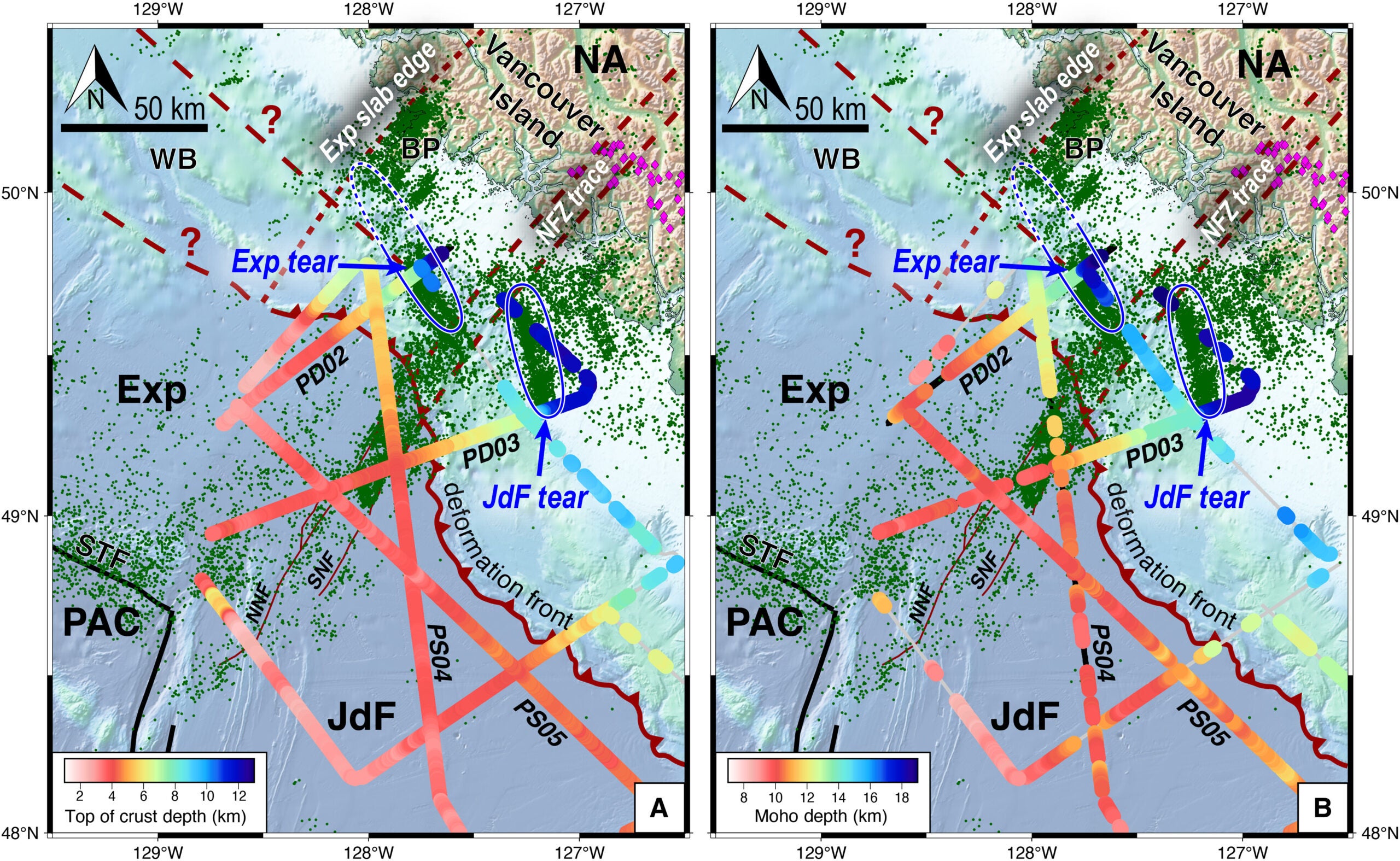 Map view of imaged slab structure and seismicity in the northern Vancouver Island region.