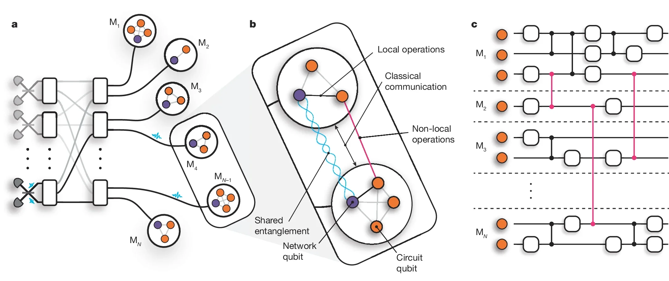  Schematic of a DQC architecture comprising photonically interconnected modules. Entanglement is heralded between network qubits through the interference of photons on beam splitters. A photonic switchboard provides a flexible and reconfigurable network topology.