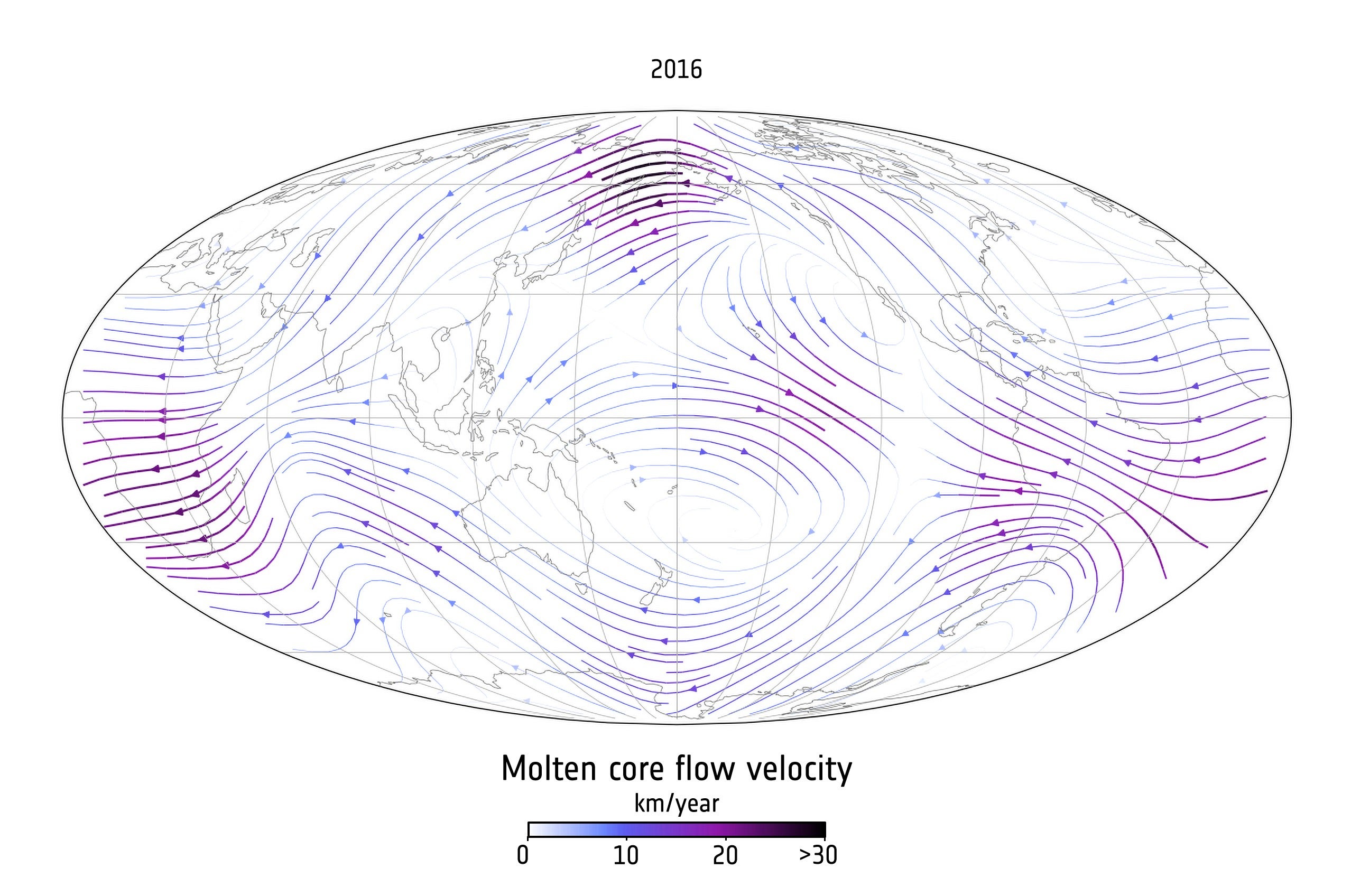 Earth’s molten core flow 1999 and 2016