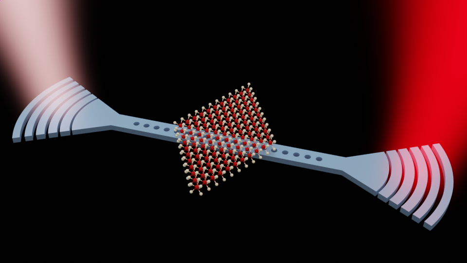 In this illustration, light is coupled into a nanoscale cavity and interacts with an atomically thin material, creating exciton-polaritons.